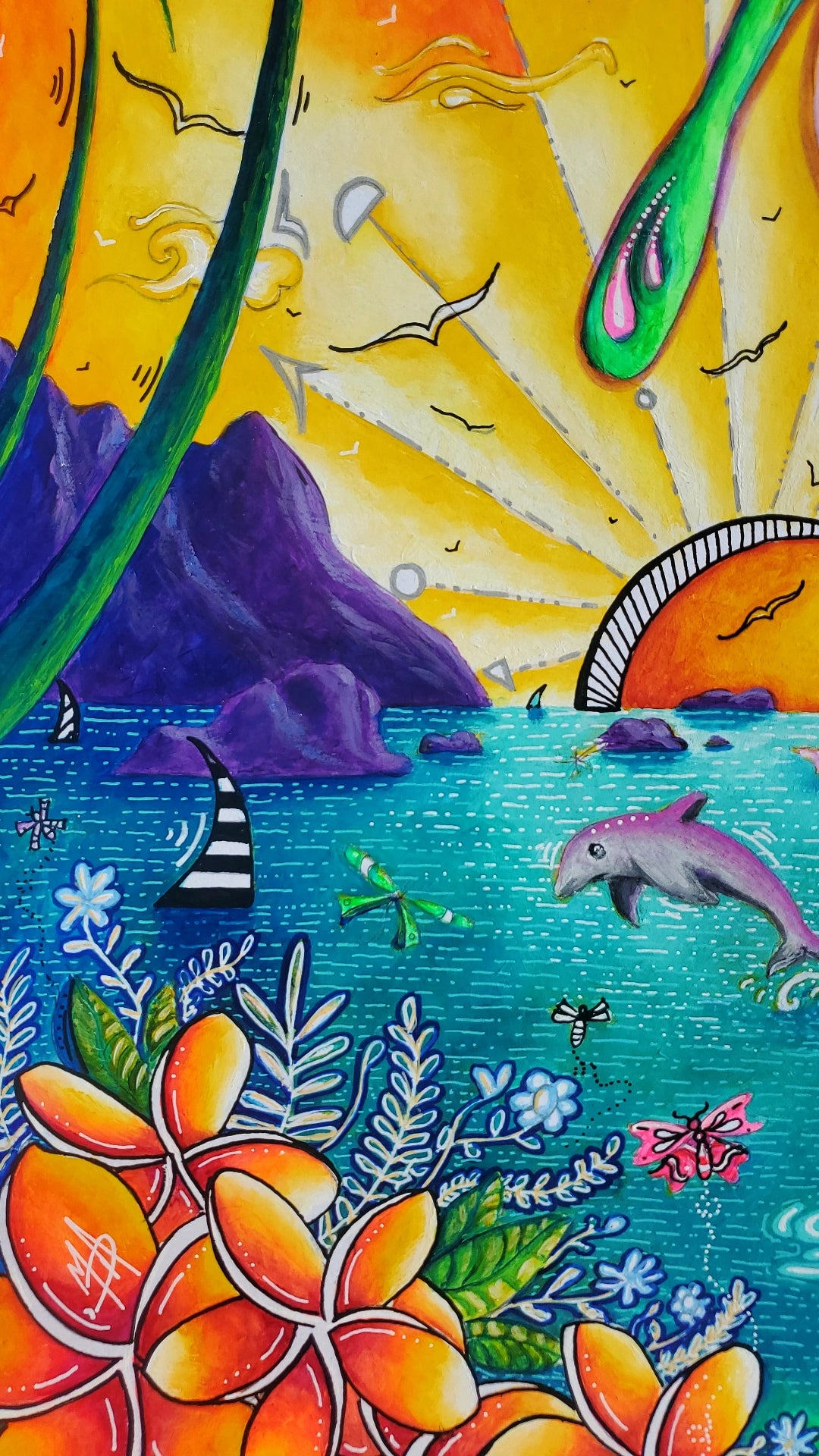 Original Whimsical Tropical Roseate Spoonbill Painting, Fun, Colorful Art