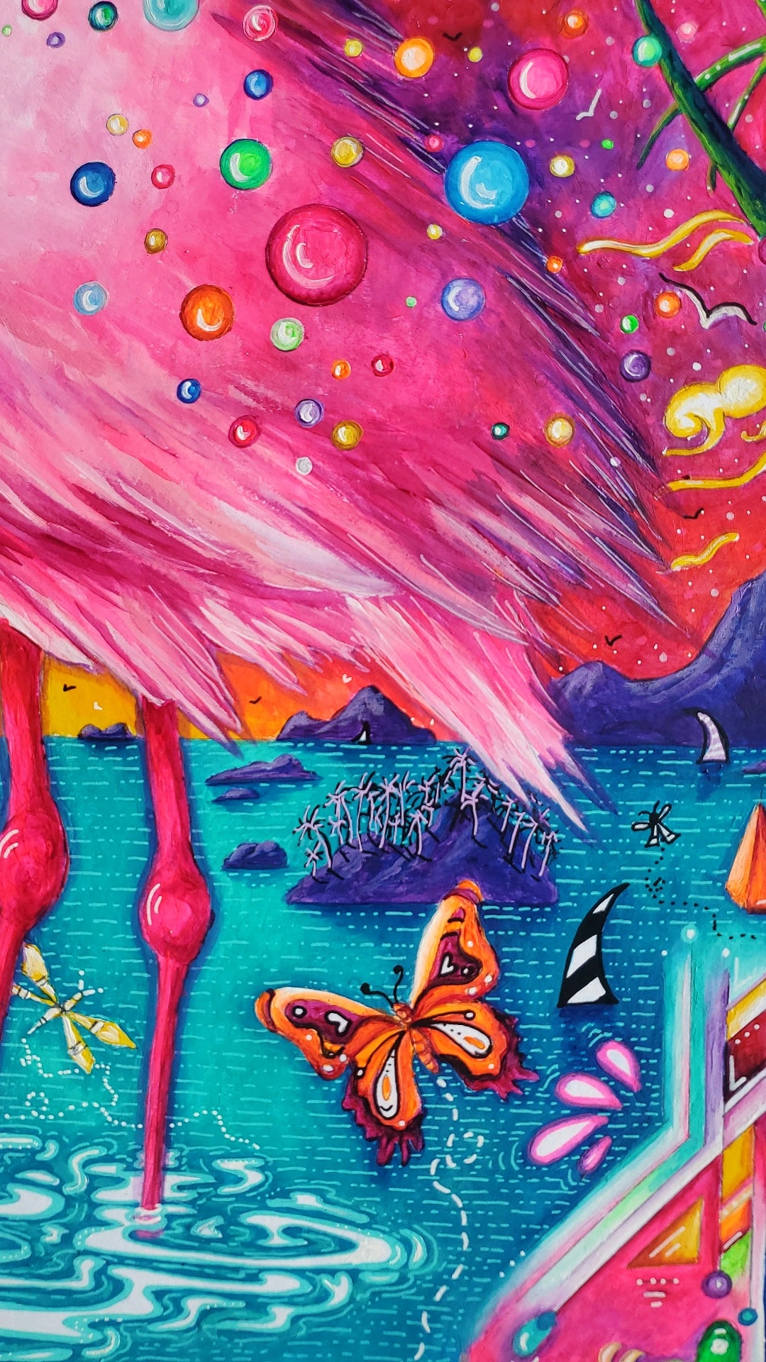 Original Whimsical Tropical Roseate Spoonbill Painting, Fun, Colorful Art