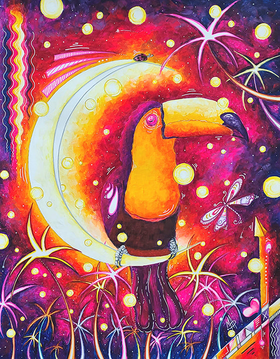 "Moon Dream" Original Acrylic Abstract Whimsical Toucan Painting by Megan Duncanson (19"x24")