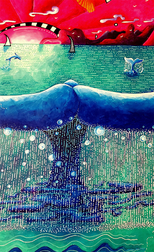 "Queen of the Sea" Original Whimsical Tropical Whale Tail Painting, Beautiful Conservation Art