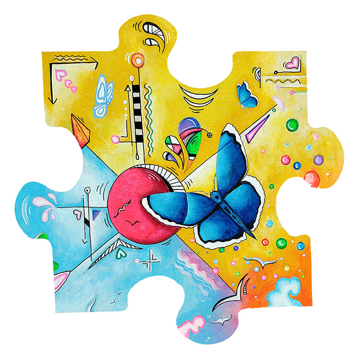 Original Handpainted Blue Butterfly Jigsaw Puzzle Piece, Conservation Art to Save the Planet
