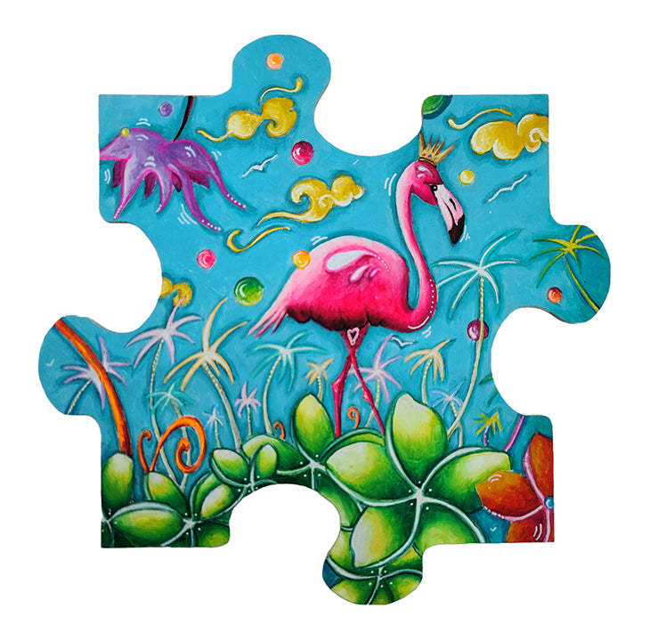 Original Handpainted Flamingo Jigsaw Puzzle Piece, Conservation Art to Save the Planet