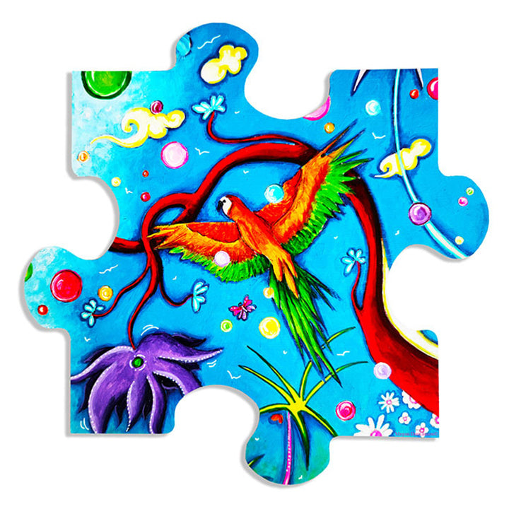 Original Handpainted Parrot Jigsaw Puzzle Piece, Conservation Art to Save the Planet