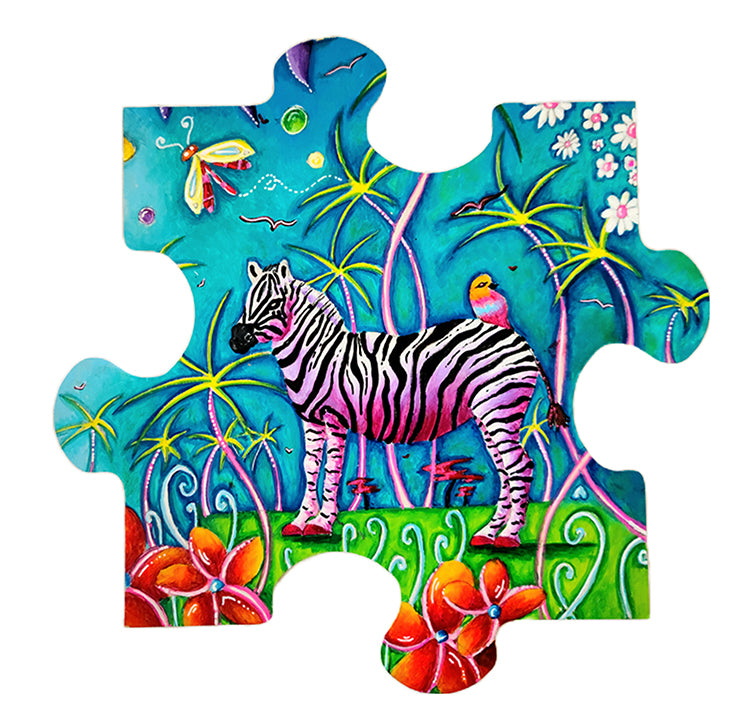Original Handpainted Zebra Jigsaw Puzzle Piece, Conservation Art to Save the Planet